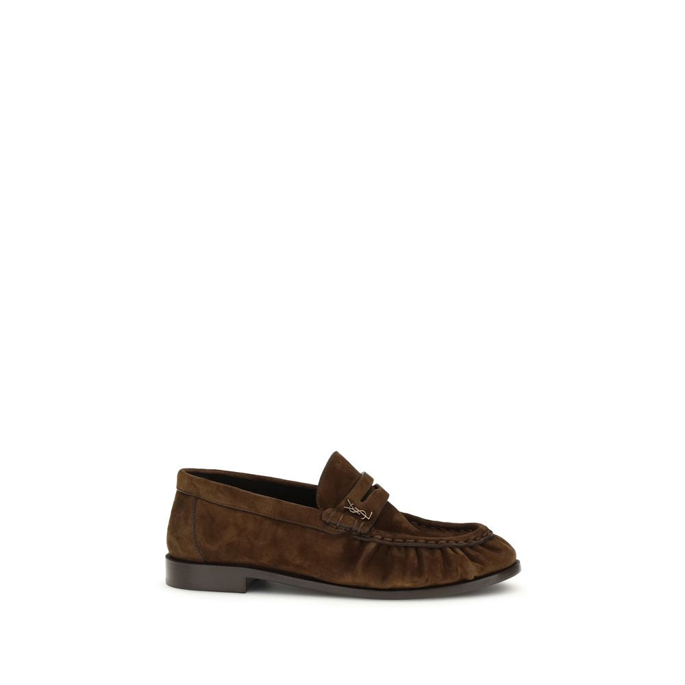 Brown Leather Loafers with Gold CASSANDRE Detail by Saint Laurent