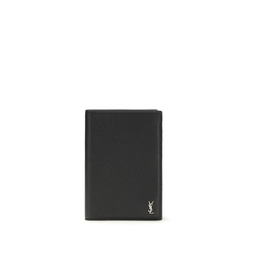 Schwarze Ledergeldbörse mit Cassandre-Logo von Saint Laurent