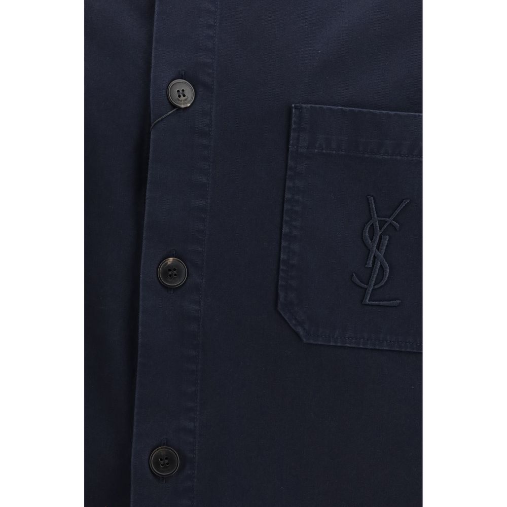 Blue Cotton Overshirt Jacket with Logo by Saint Laurent