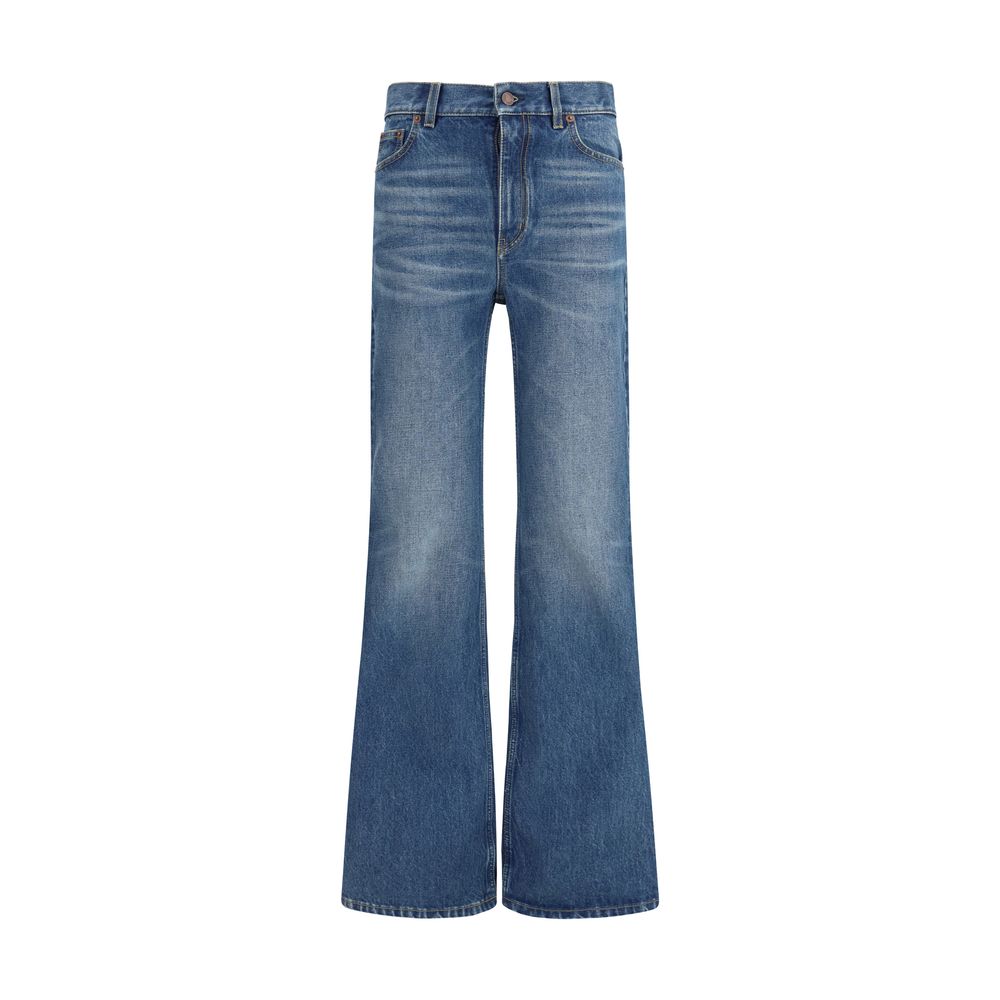 Blue Cotton Flared Jeans with Leather Logo Label