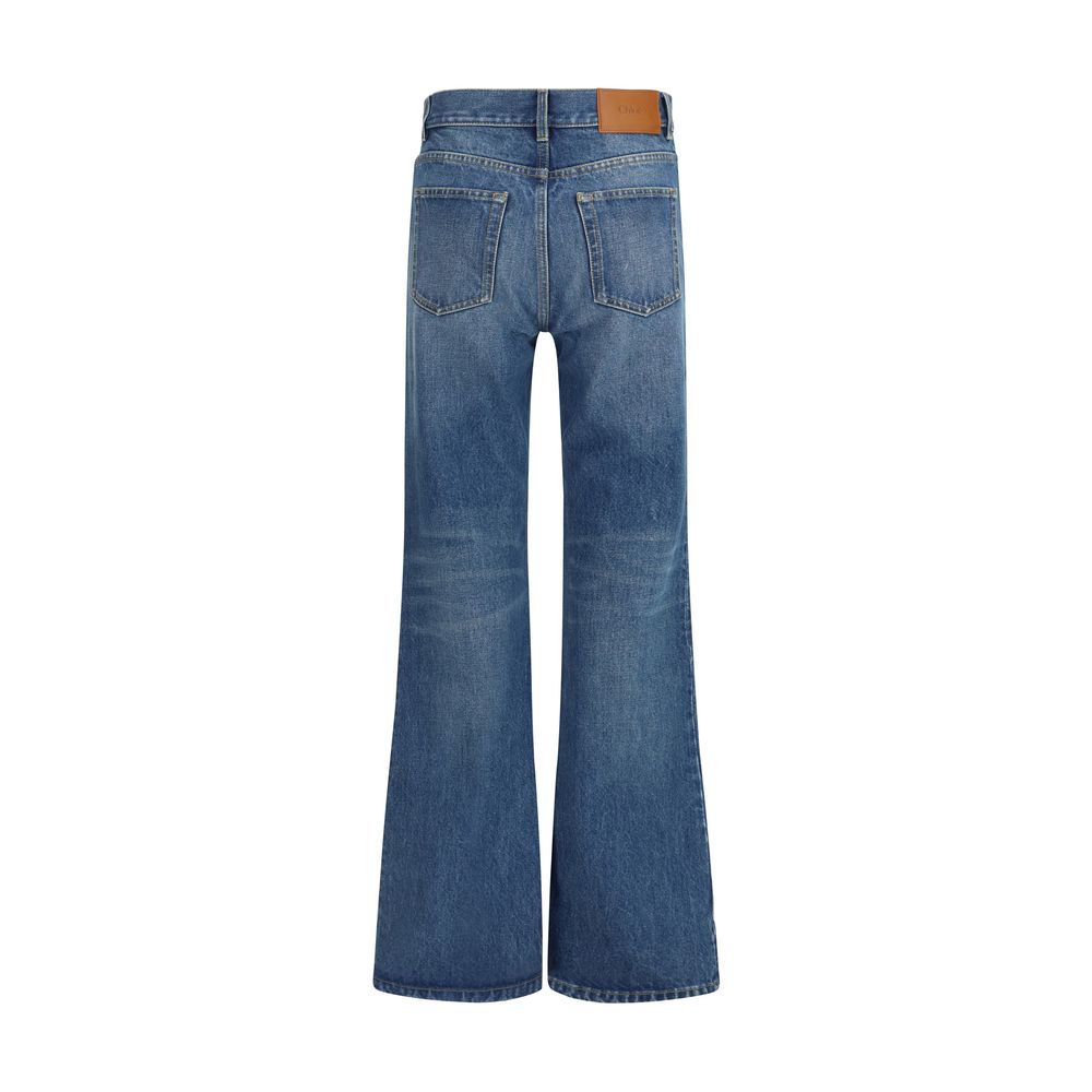Blue Cotton Flared Jeans with Leather Logo Label