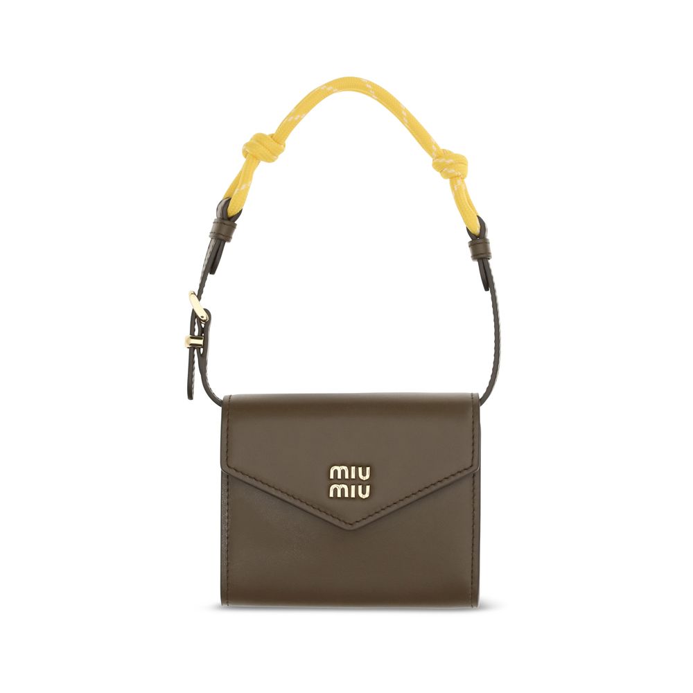 Brown Leather Wallet with Removable Rope Handle by Miu Miu
