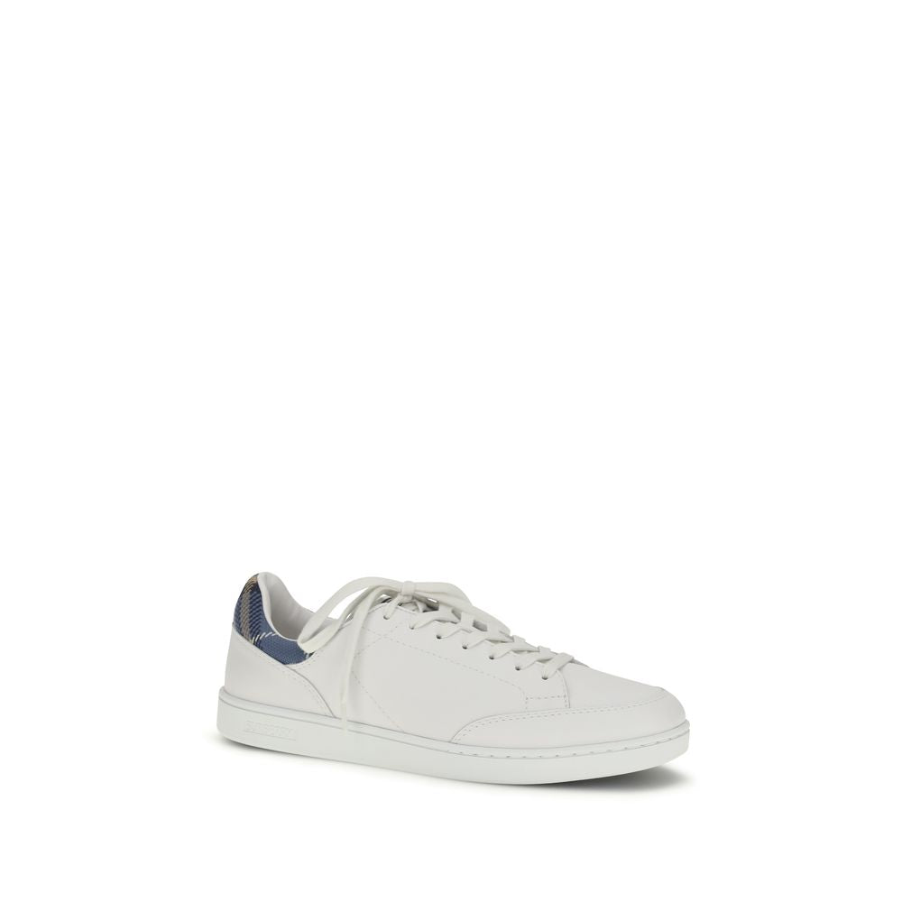 White Leather Low Top Sneakers with Check Heel Panel