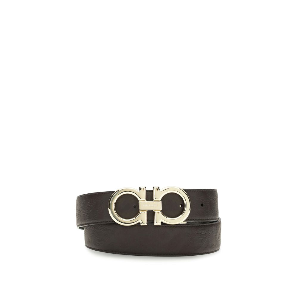 Brown Leather Reversible Adjustable Belt with Gancini Buckle