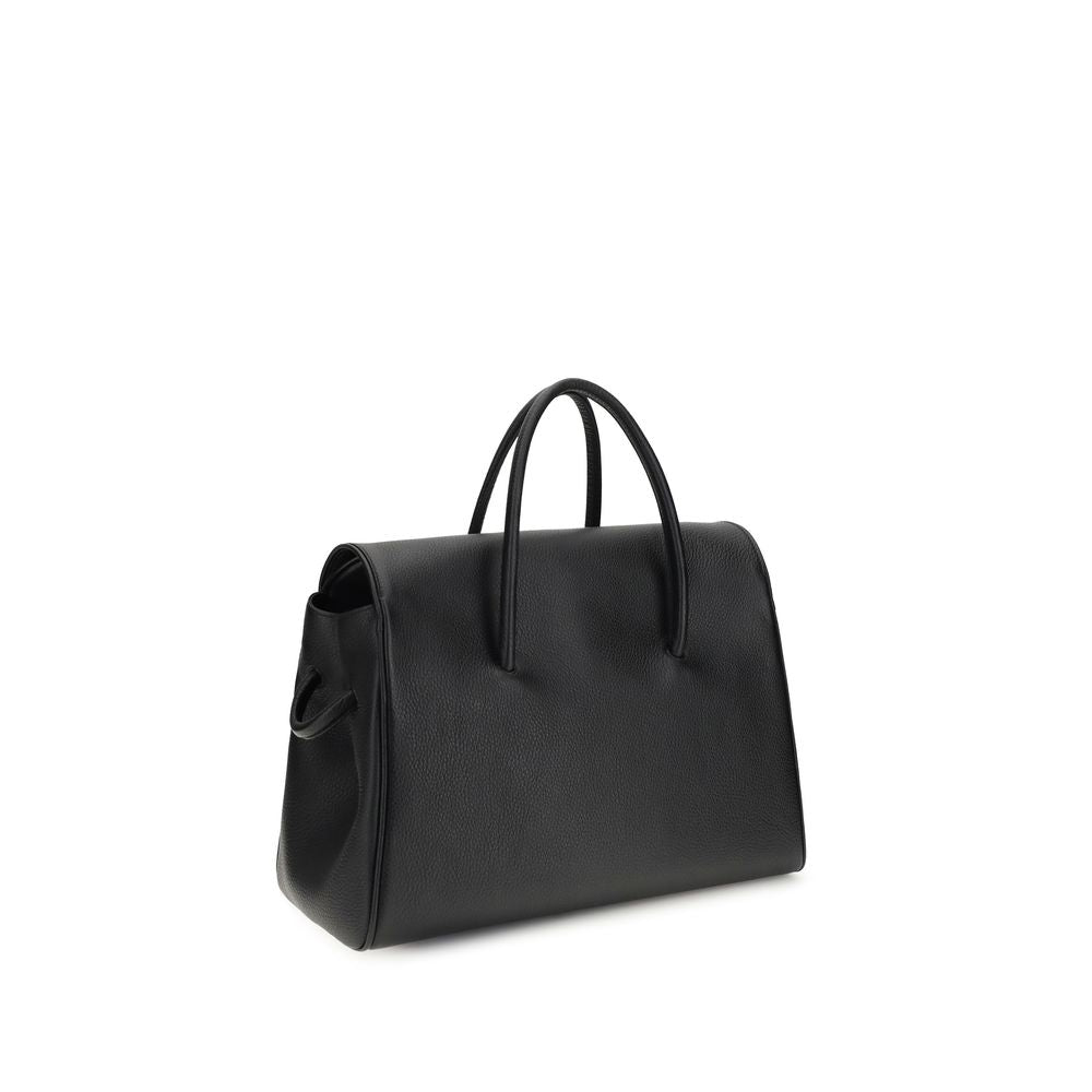 Black Leather Handbag with Magnetic Flap Closure