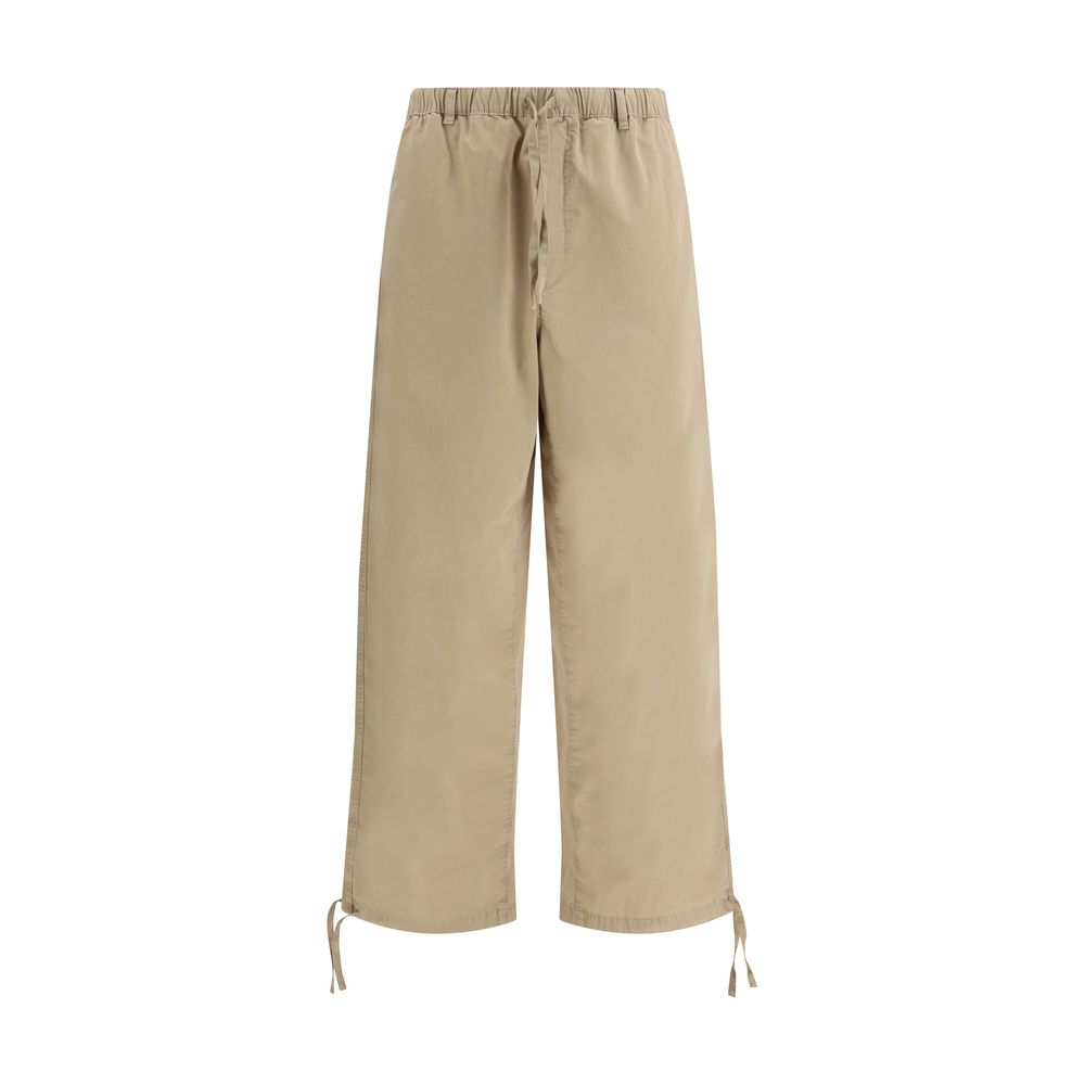 Beige Cotton Casual Pants with Drawstring Details