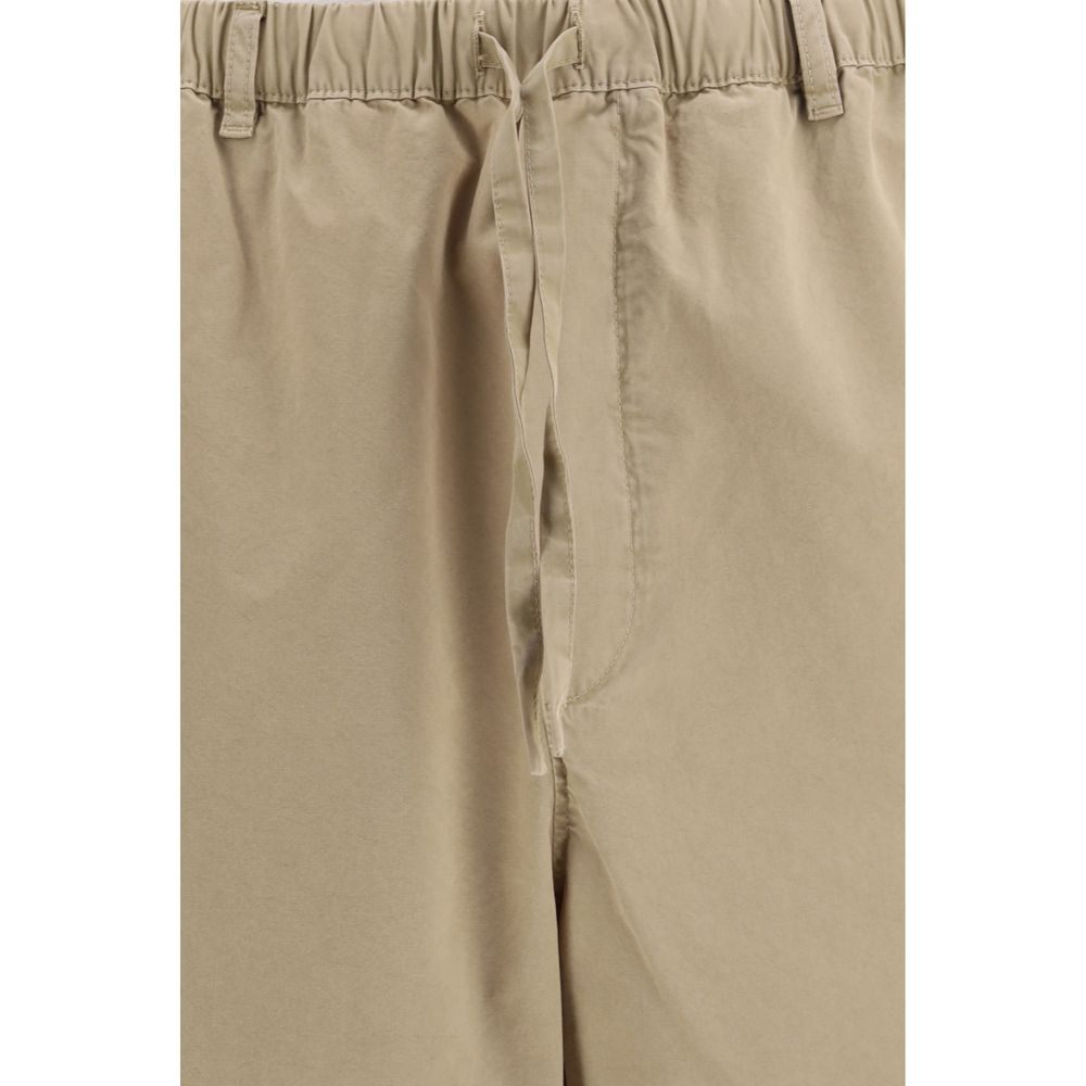 Beige Cotton Casual Pants with Drawstring Waist
