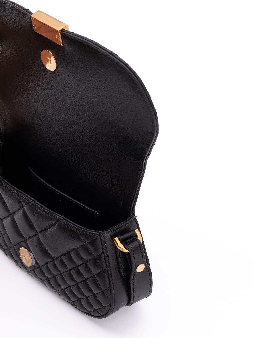 Black Leather Quilted Shoulder Bag with Adjustable Strap