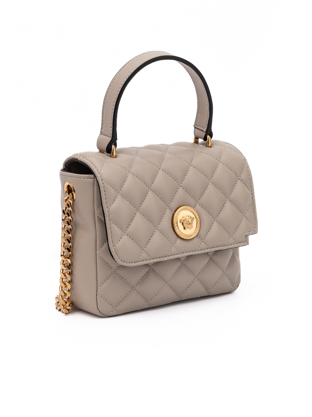 Taupe Leather Quilted Shoulder Handbag with Chain Strap