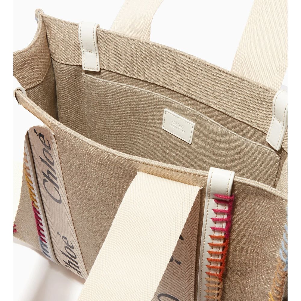 Beige Linen Tote Bag with Leather Trim
