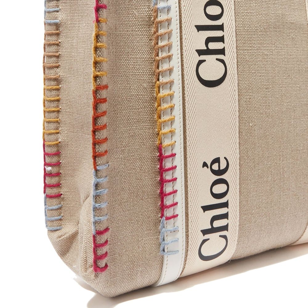 Beige Linen Tote Bag with Leather Trim