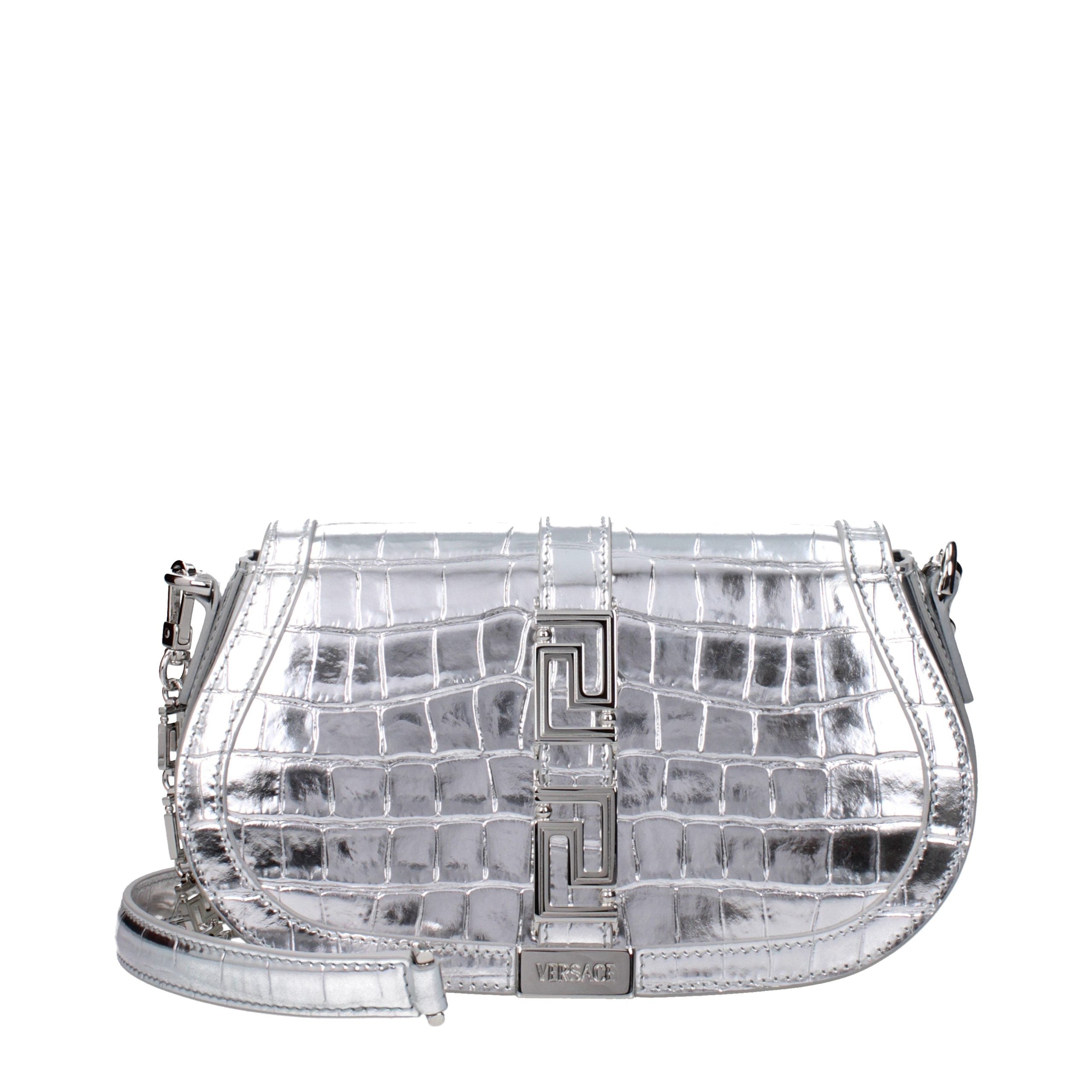 Silver Leather Versace Shoulder Bag with Logo