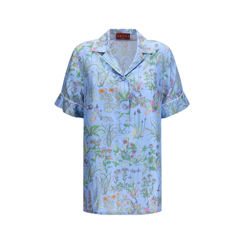 Light Blue Silk Shirt with Floral Print