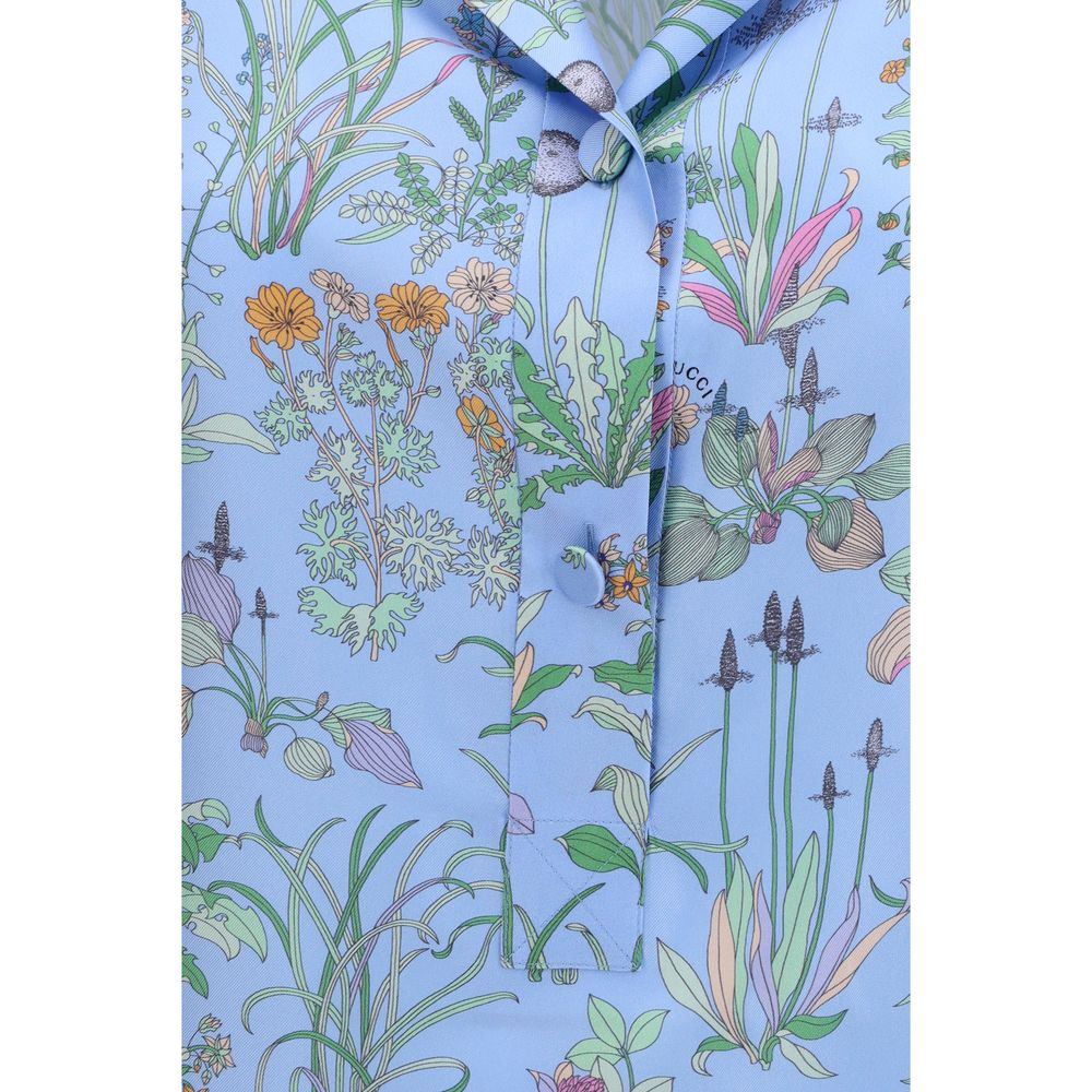 Light Blue Silk Shirt with Floral Print and Piping Detail
