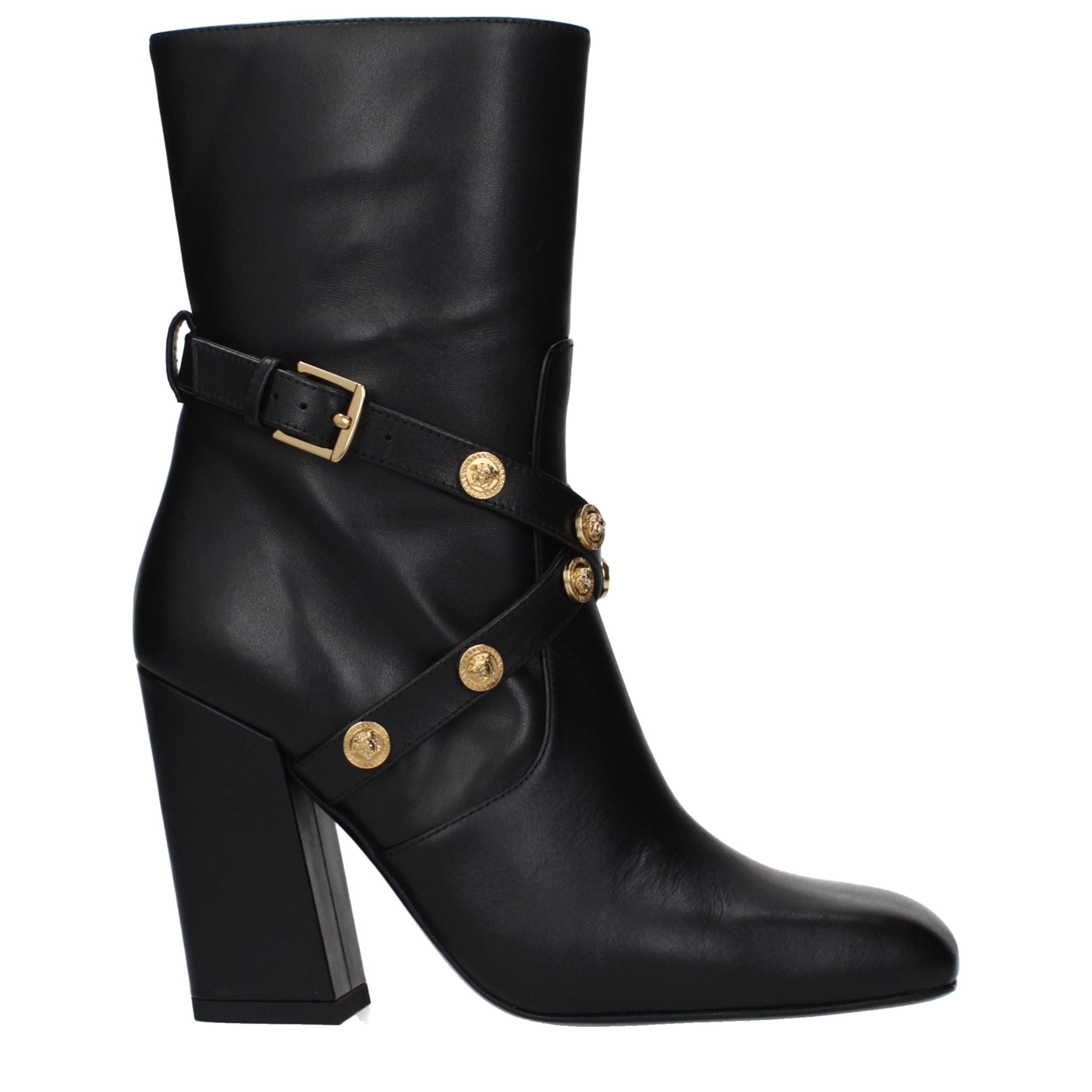 Schwarze Leder-Stiefeletten mit Reißverschluss und hohem Absatz