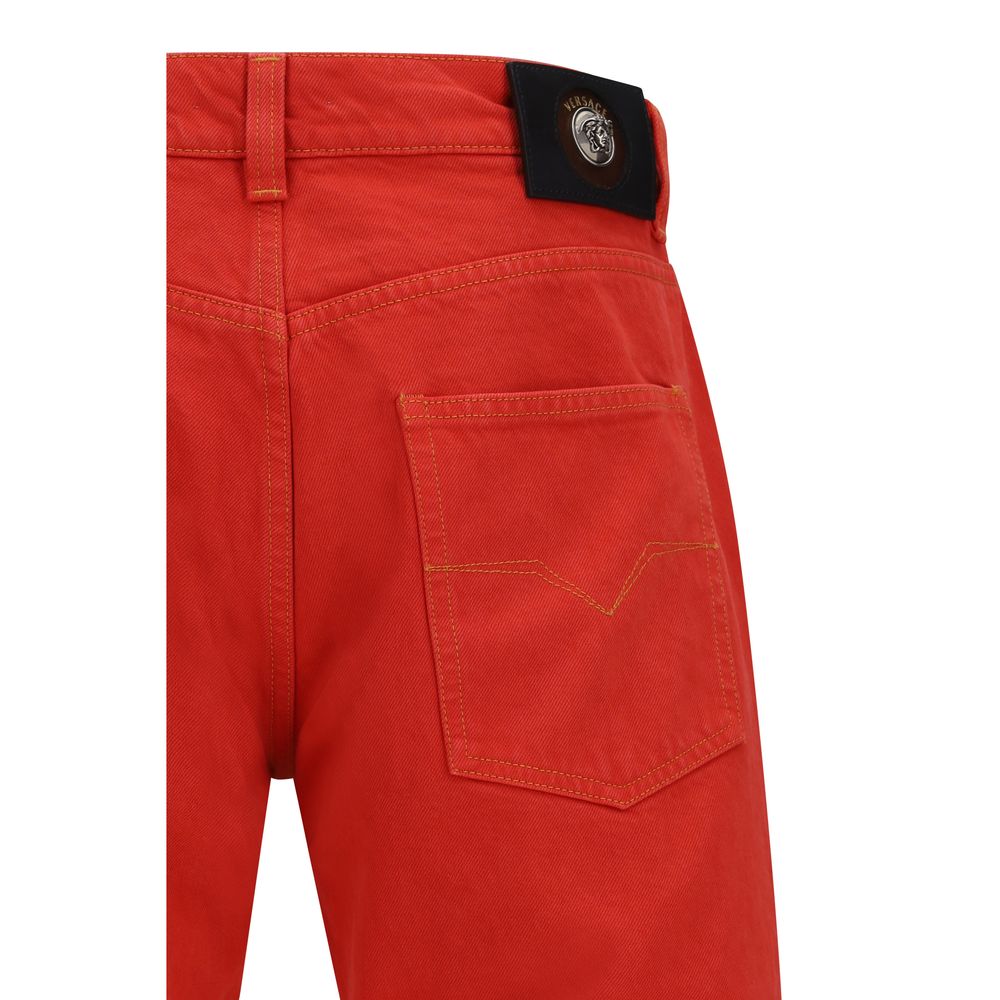 Mehrfarbige Baumwoll-Jeans mit geradem Bein und Lederdetail