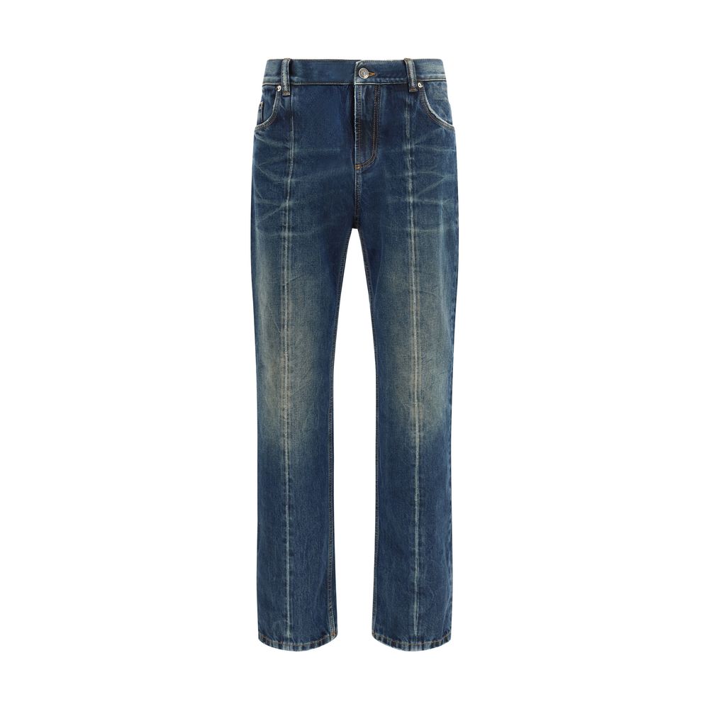Blue Cotton Distressed Straight-Leg Jeans