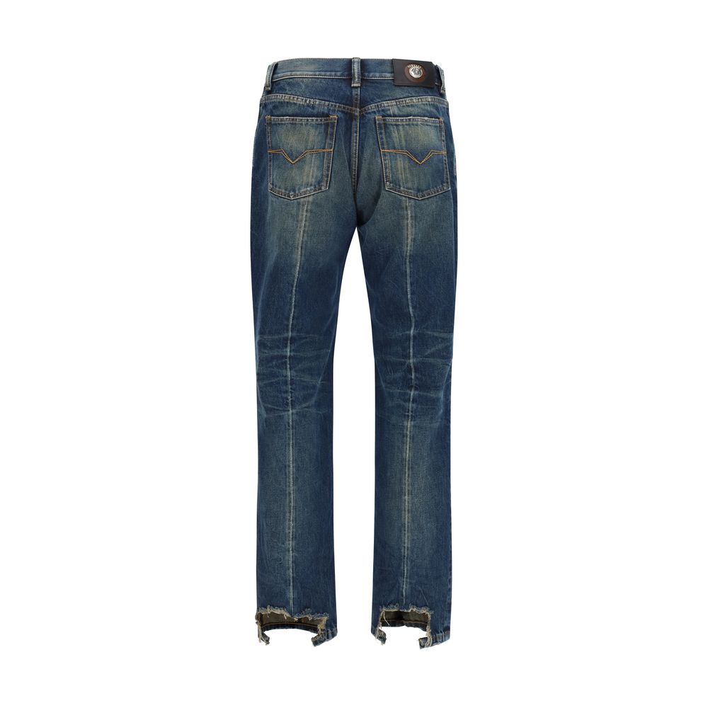 Blue Cotton Distressed Straight-Leg Jeans