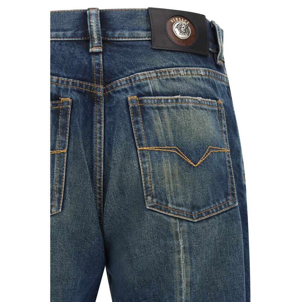Blue Cotton Distressed Straight-Leg Jeans by Versace