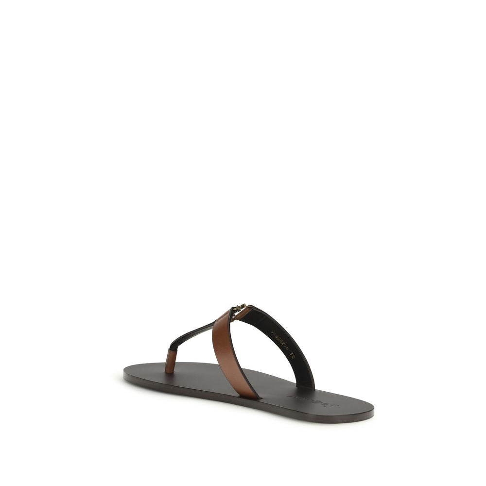 Brown Leather Flip-Flop Sandals with Monogram Detail
