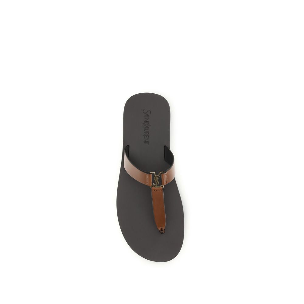 Brown Leather Flip-Flop Sandals with Monogram Detail