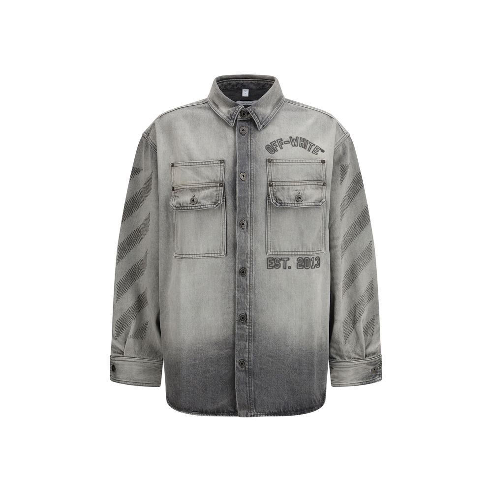 Gray Cotton Denim Overshirt with Embroidered Details