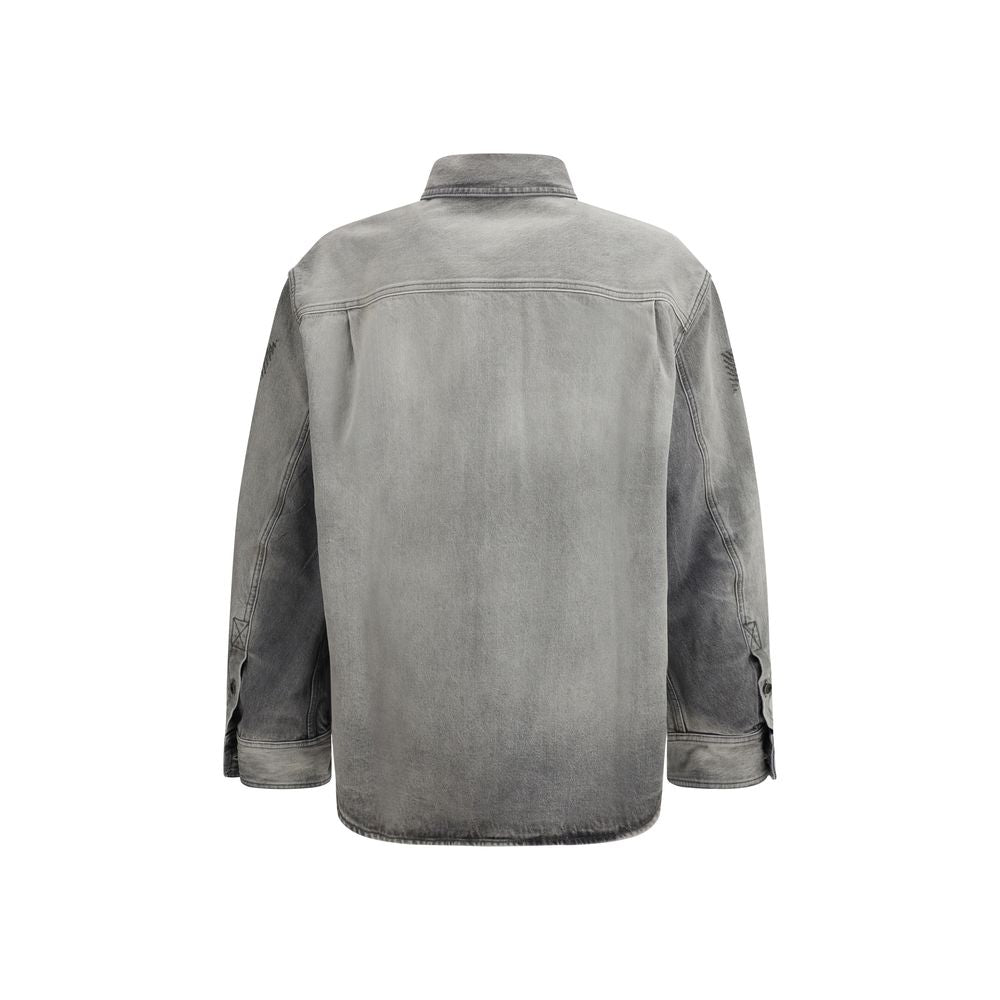 Gray Cotton Denim Overshirt with Embroidered Details