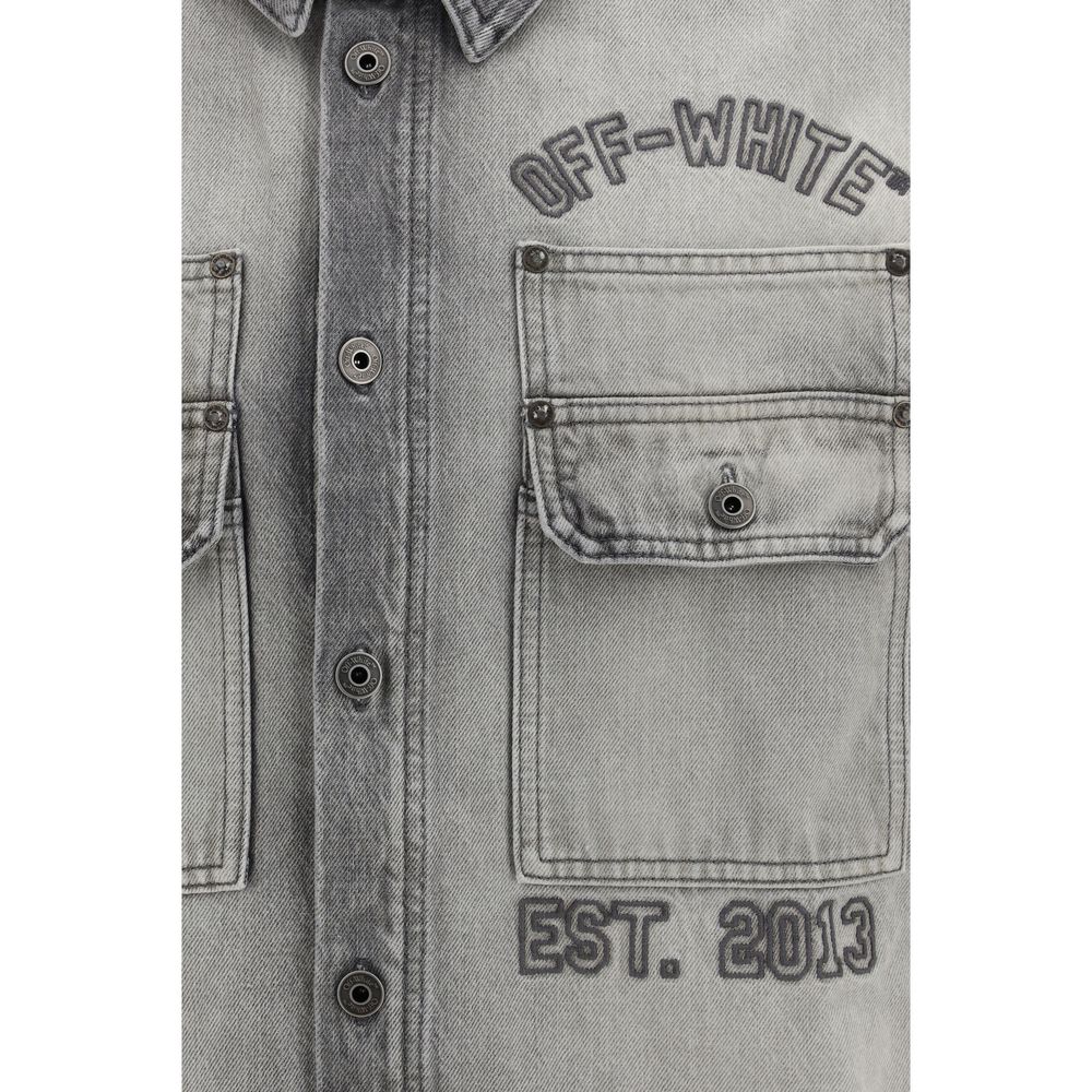 Gray Cotton Denim Overshirt with Embroidered Accents