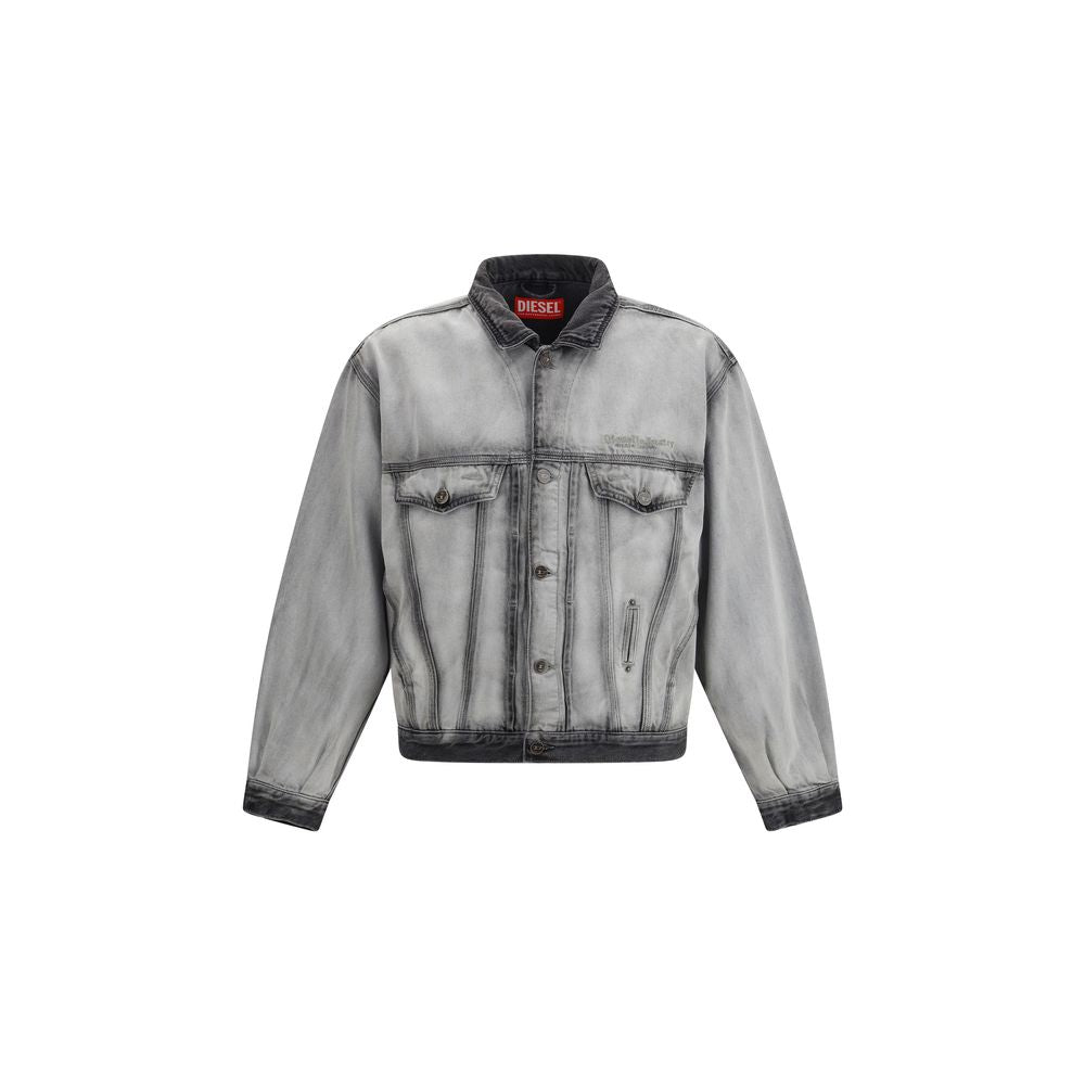Gray Denim Jacket with Leather Collar by Diesel