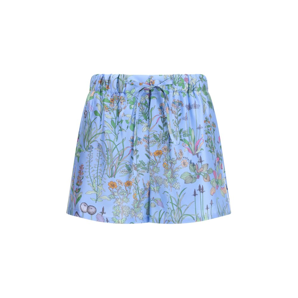 Blaue Seiden-Bermuda-Shorts mit Blumenmuster