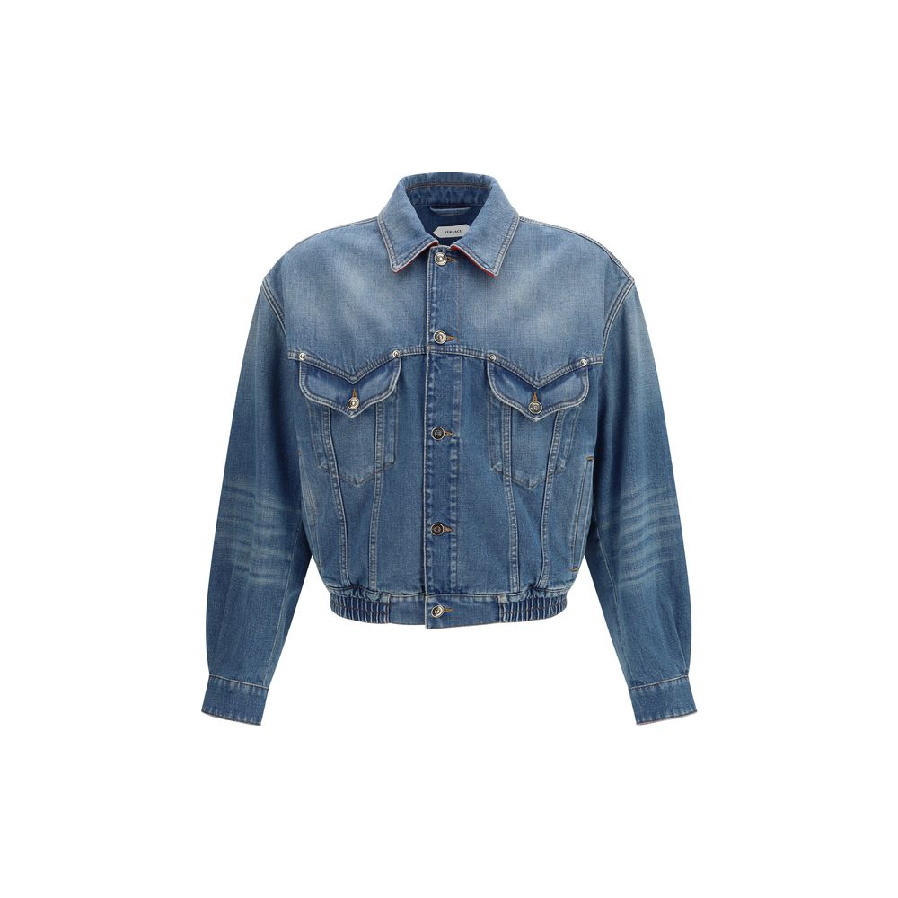 Blaue Jeansjacke aus Baumwolle mit Lederdetails