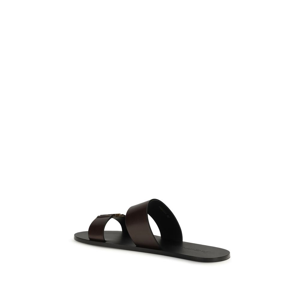 Saint Laurent Braune Kalbsleder-Bos-Taurus-Flachsandale