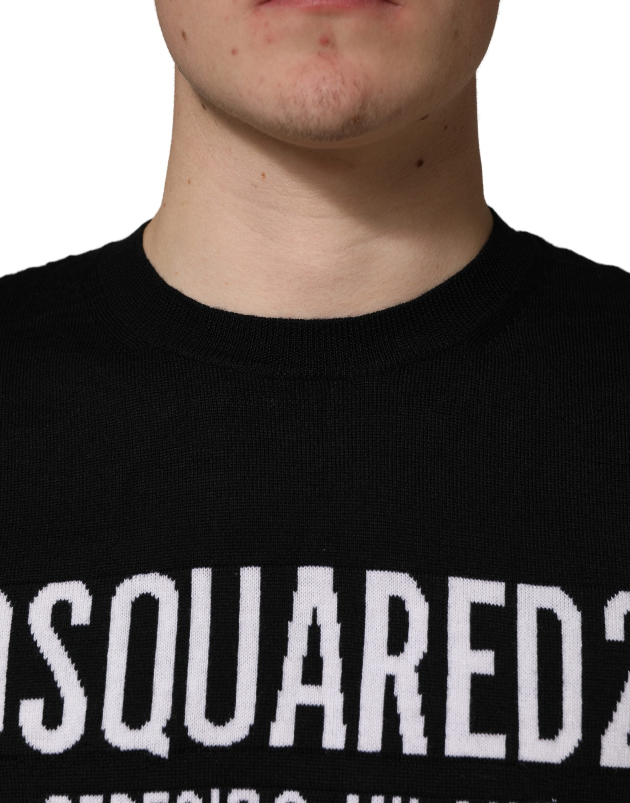 Black Wool Crew Neck Sweater with Logo