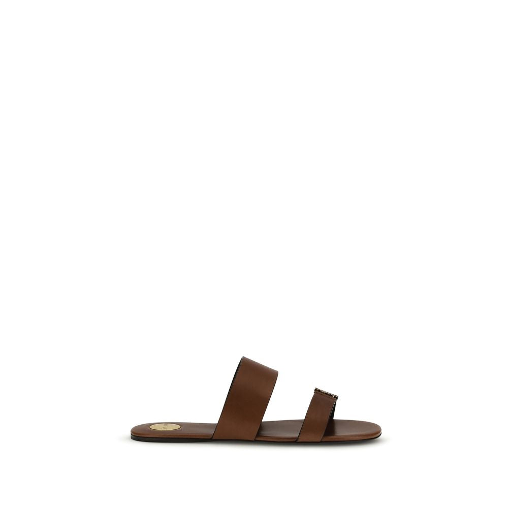 Brown Leather Ibiza Flat Sandals with Gold Logo