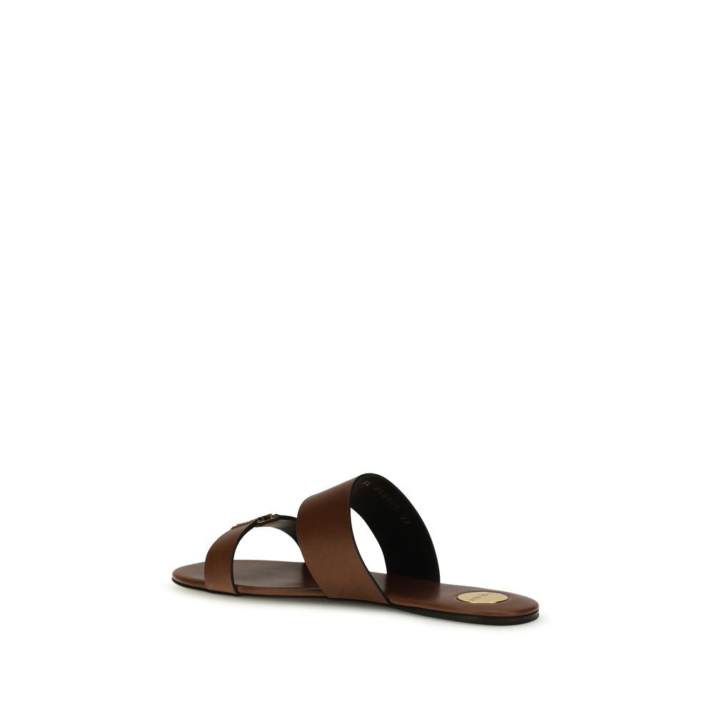 Brown Leather Ibiza Flat Sandals with Gold Logo