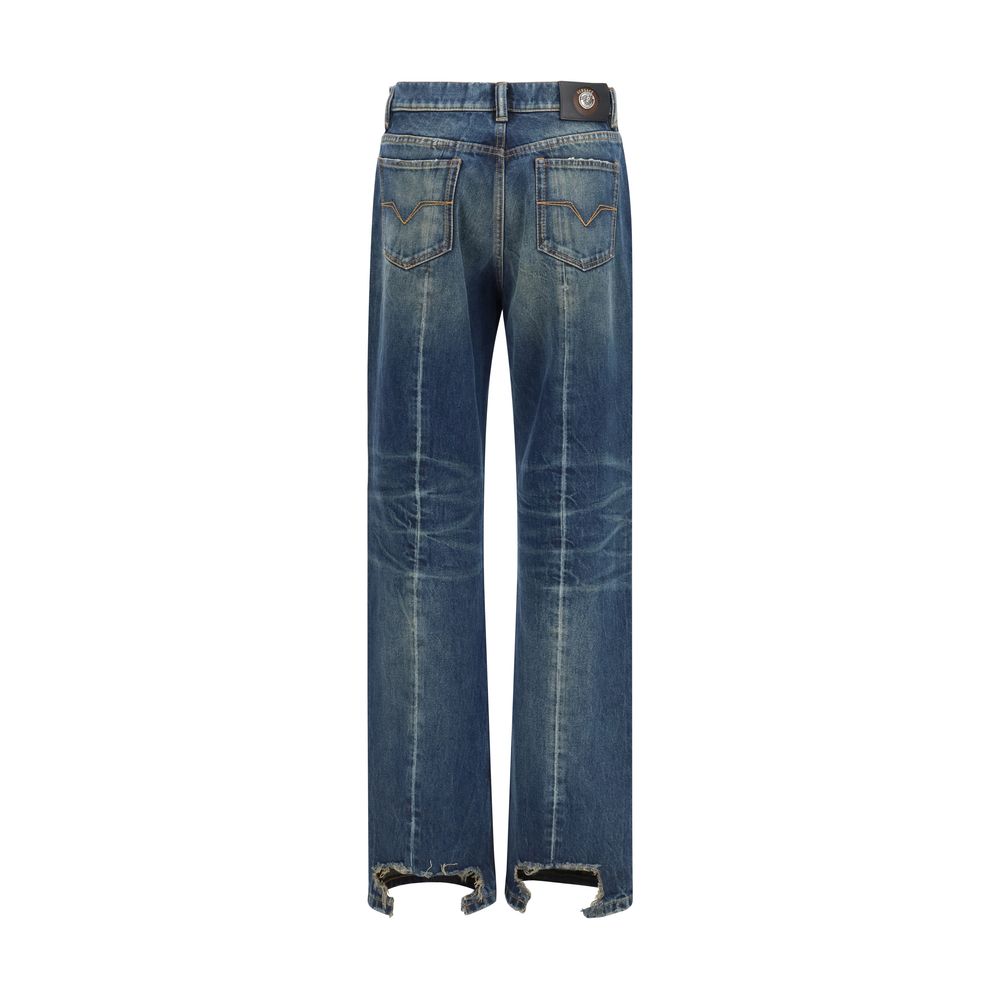 Blaue Versace Distressed Straight-Leg Jeans aus Baumwolle