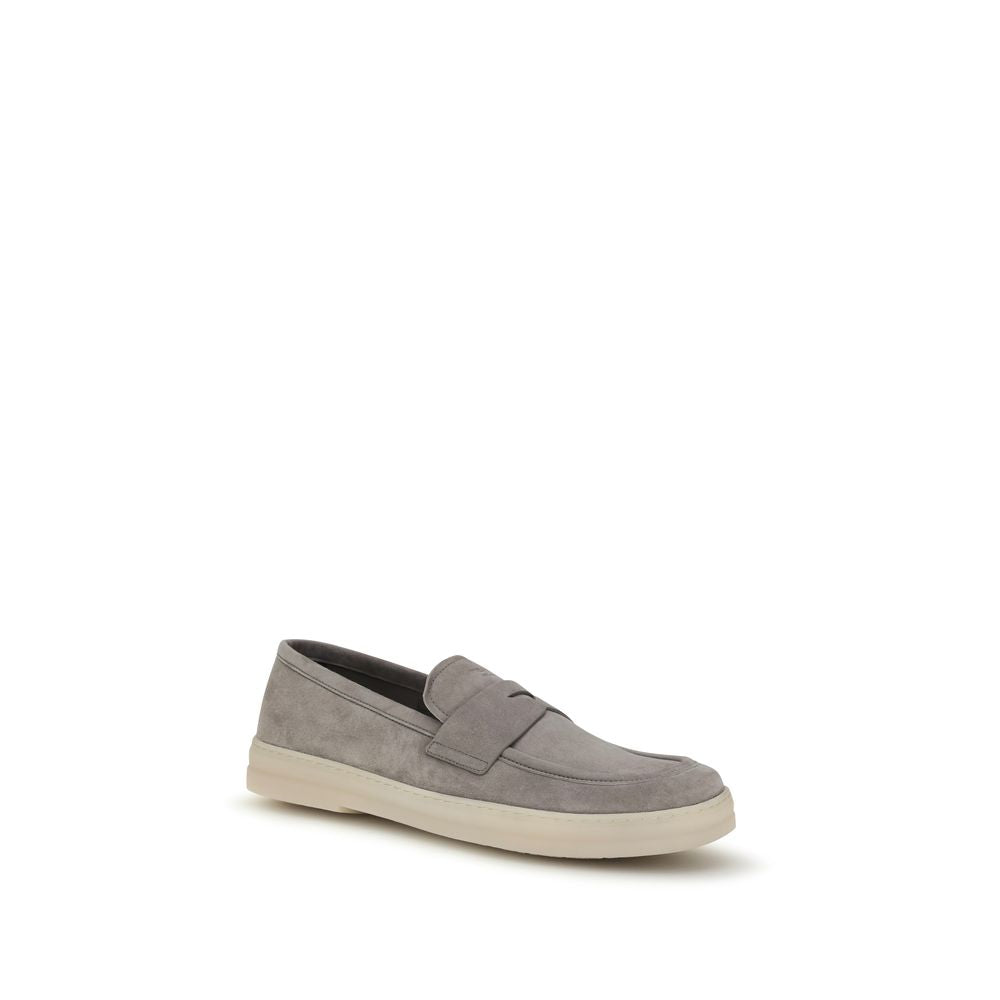 Gray Leather Slip-On Loafers with Logo Detail