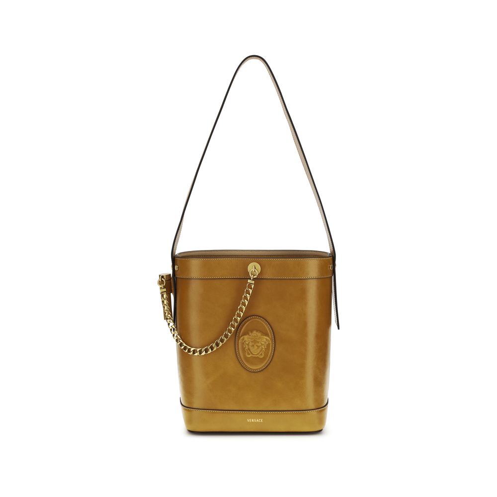 Brown Leather Bucket Bag with Medusa Cameo Appliqué