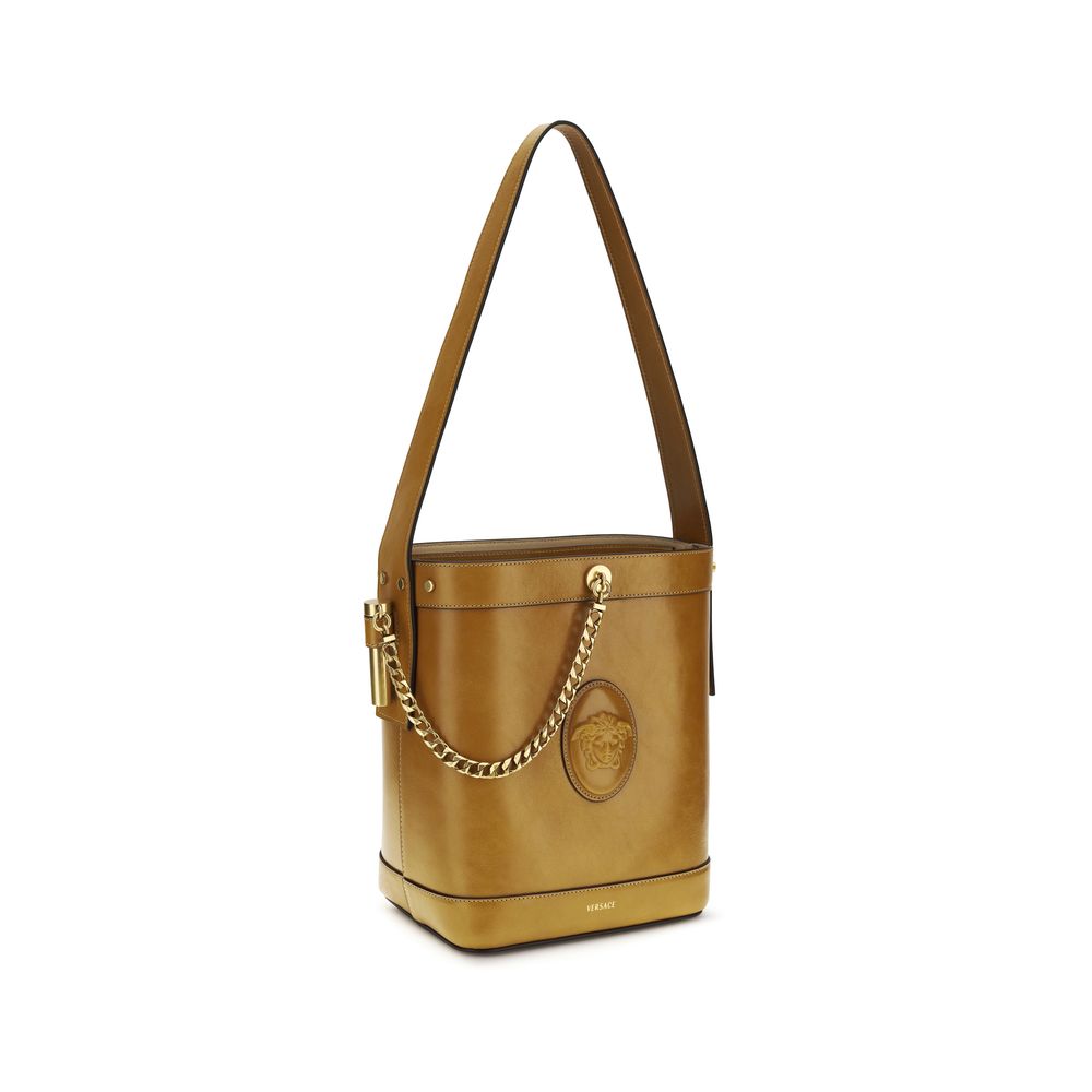 Brown Leather Bucket Bag with Medusa Cameo Appliqué