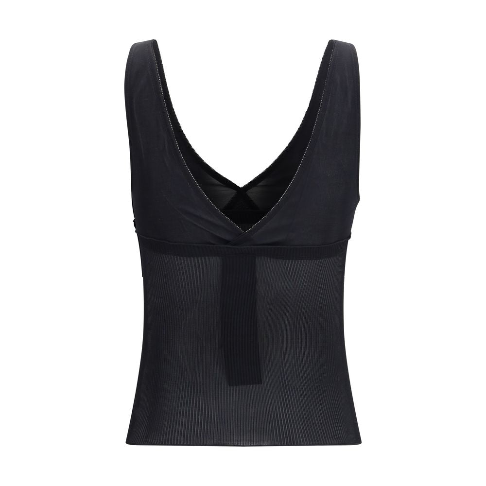 Schwarzes ärmelloses Tanktop aus Seide mit Spitzenbesatz