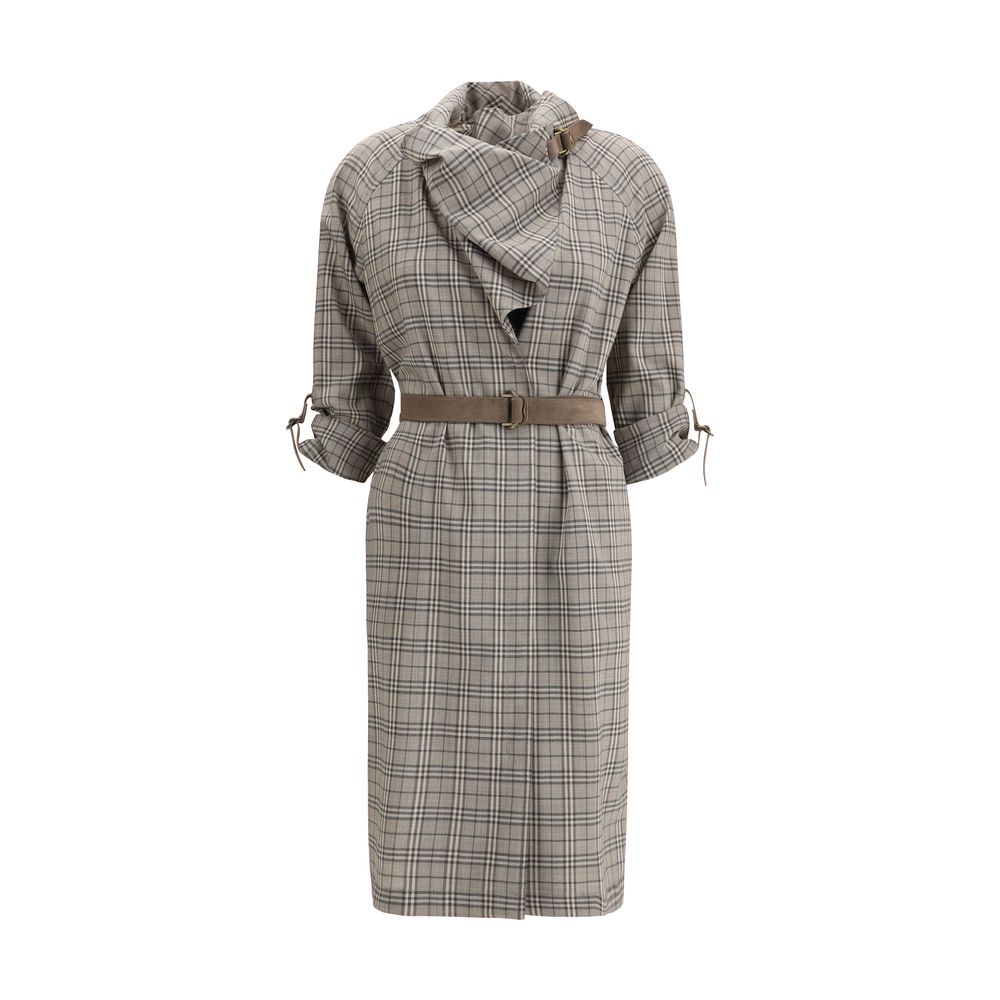 Graues Wollkleid mit Schalkragen und Gürtel