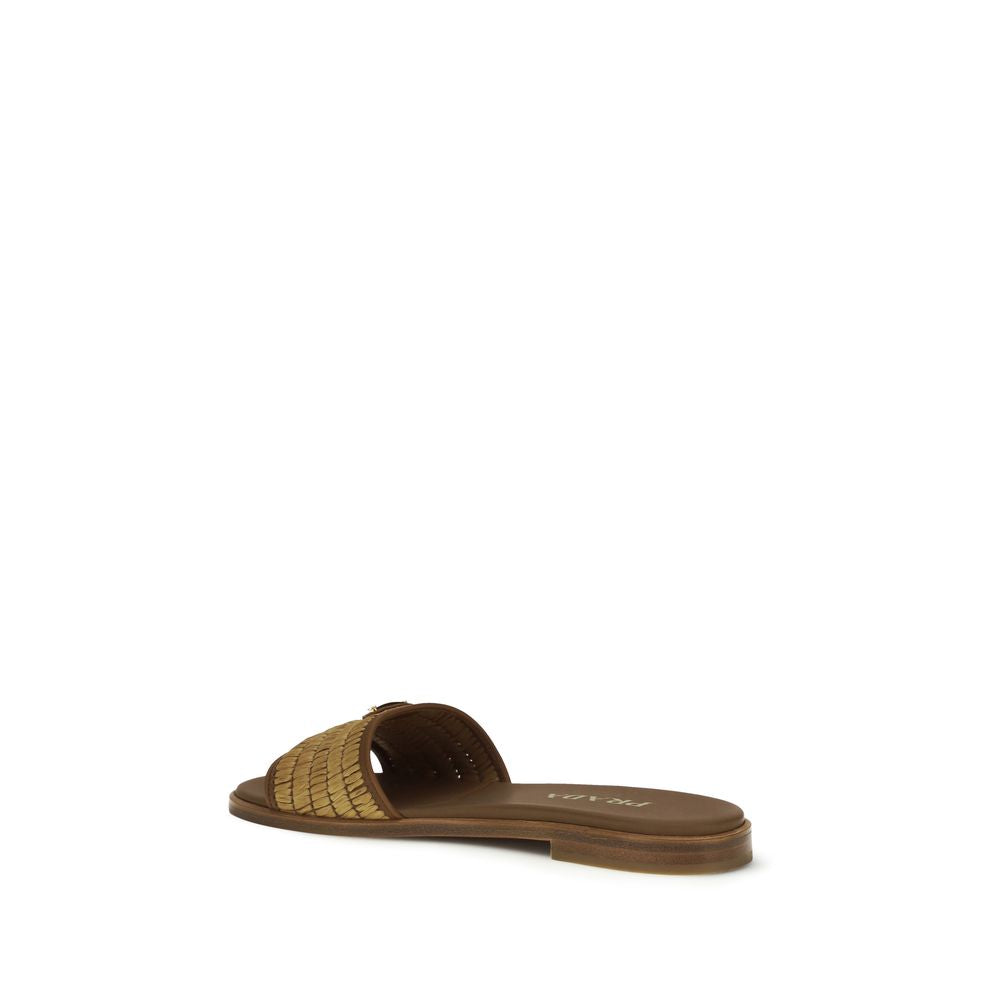 Brown Raffia Slippers with Prada Logo Detail