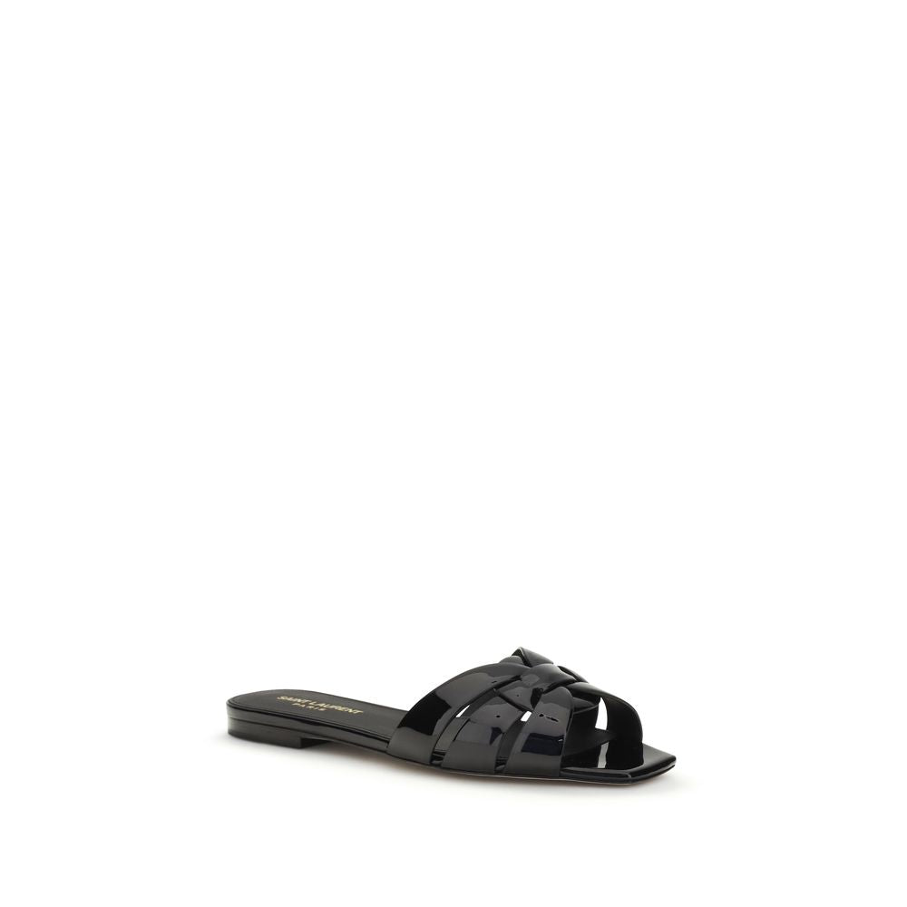 Saint Laurent Black Calf Leather Flat Sandals