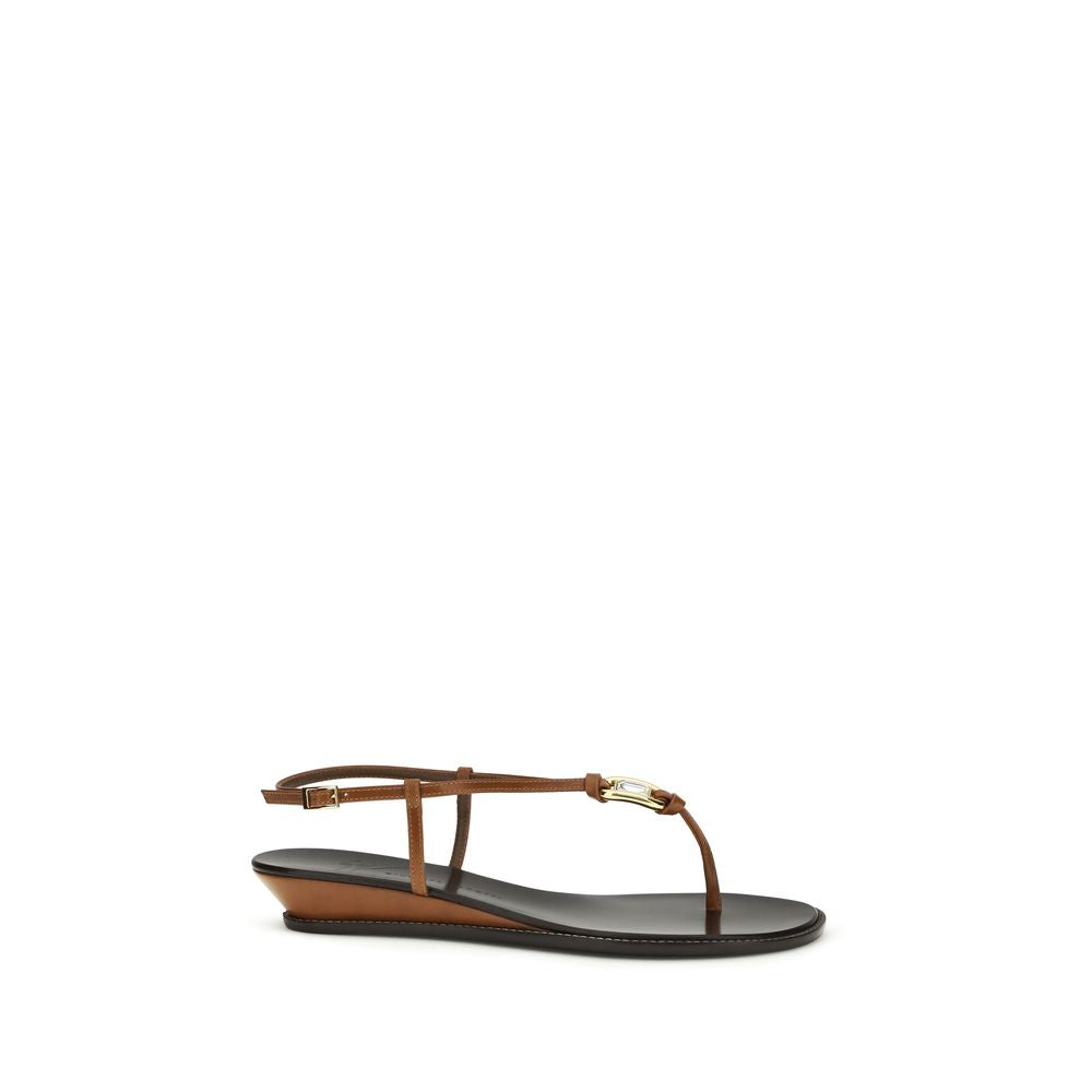 Brown Leather Wedge Sandals with Gold-Tone Brooch