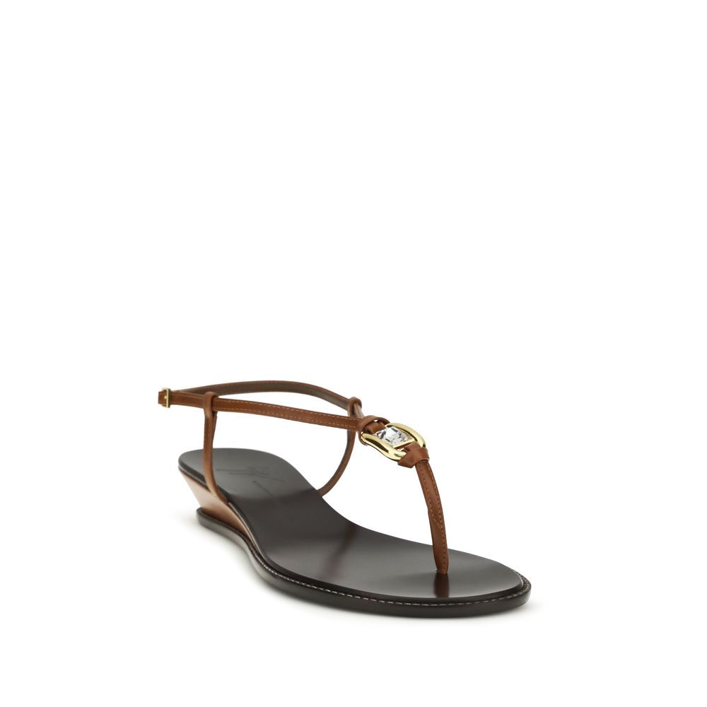 Brown Leather Wedge Sandals with Gold-Tone Brooch