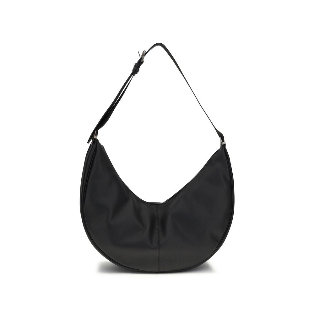 Schwarze Schultertasche aus Leder, Melonenmond-Form