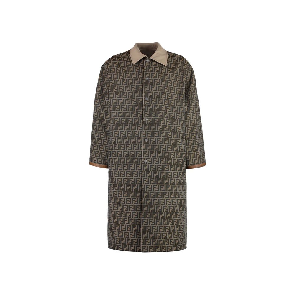 Beige Cotton Coat with Leather Detail and FF Logo