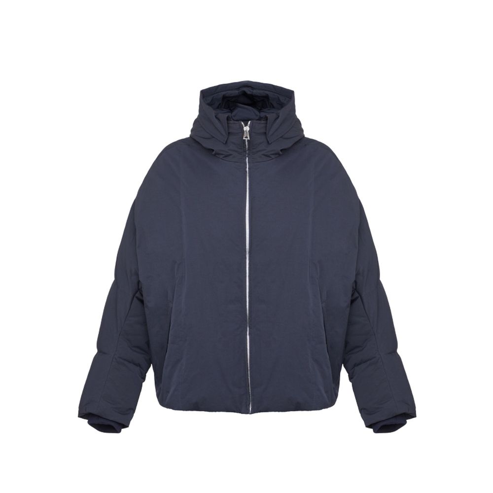 Blauer Synthetikmantel mit Kapuze und Reißverschluss