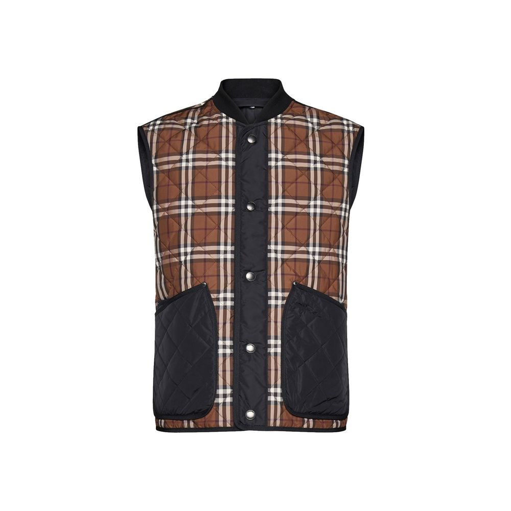 Brown Synthetic Sleeveless Vest with Check Print
