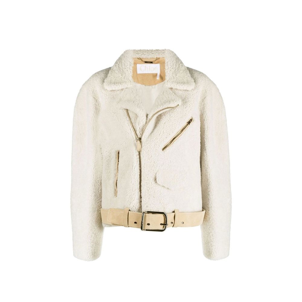Beigefarbene Kunstleder-Bikerjacke mit Lederdetails